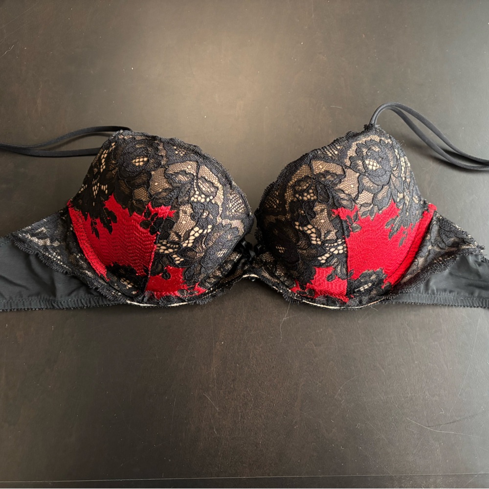 Elegant Black and Red Lace Bra